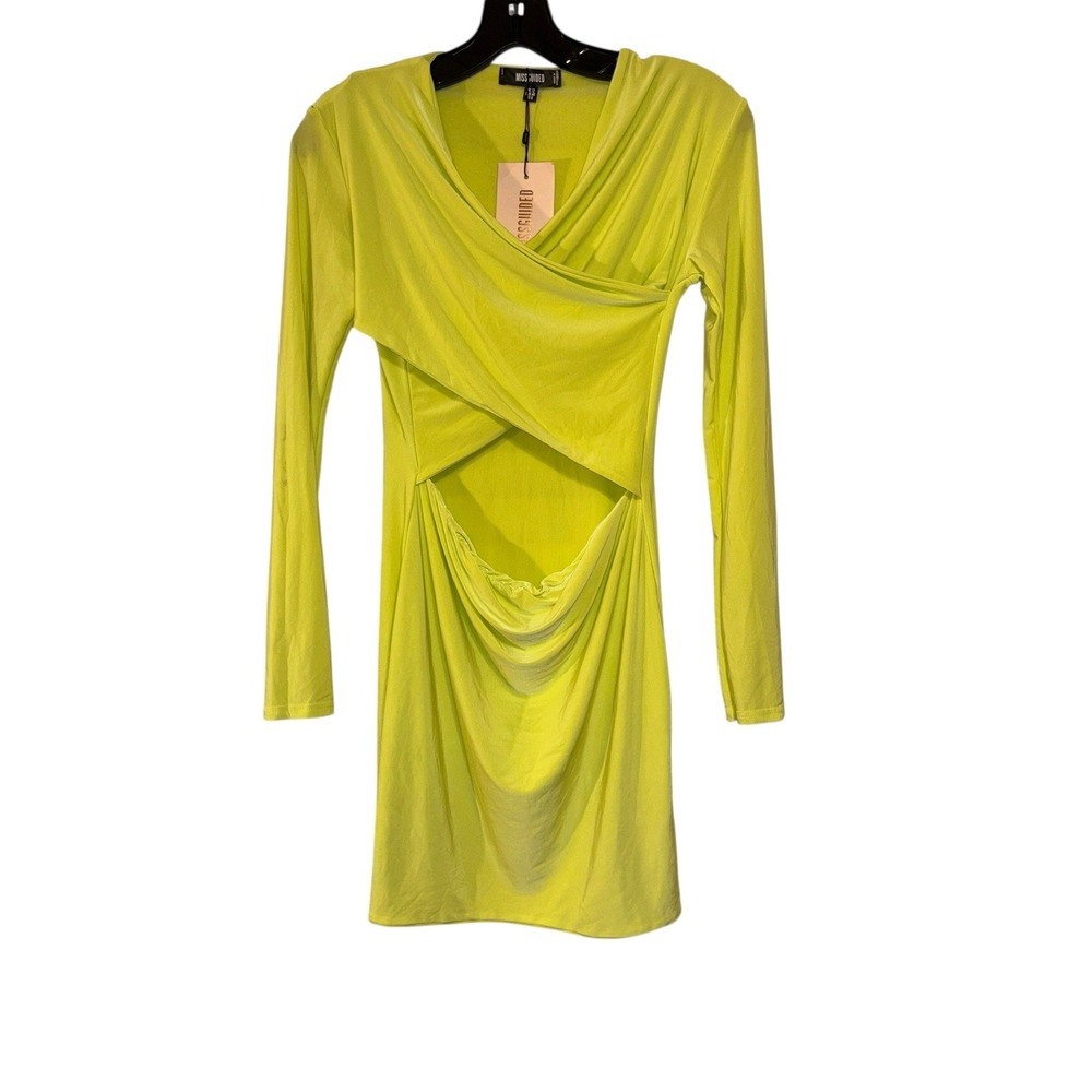MISSGUIDED Neon Highlighter Lime Green Bodycon Dress Size 8 Long Sleeves